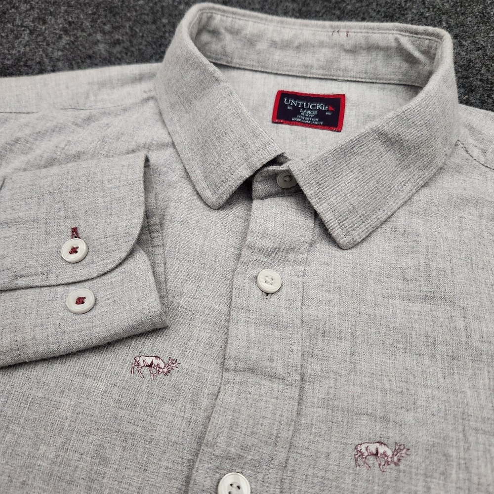 UNTUCKit Mens Large Pastora Gray Button Up Slim Fit Shirt Deer Elk Animal Print